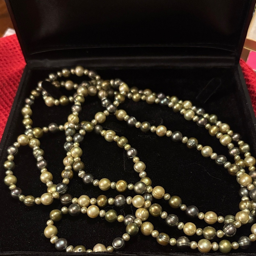 Green Hues of Freshwater Pearls - Very Long Pearl Rope Necklace